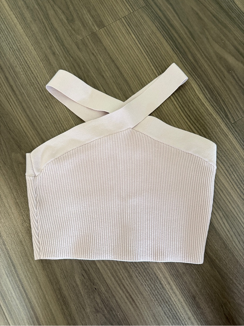 Babaton Pale Pink Ribbed Cross-Strap Crop Top